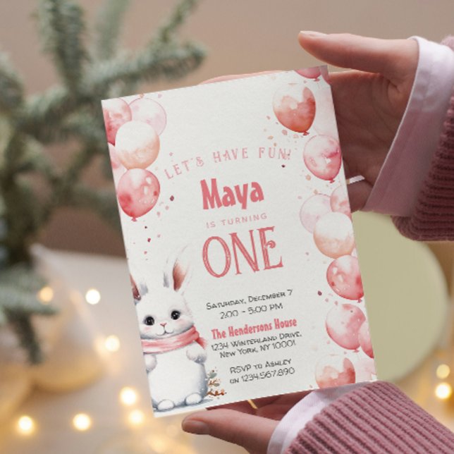 Cute Bunny Pink Winter Custom Birthday Party Invitation (Creator Uploaded)