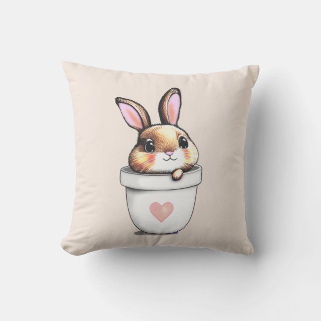 Cute Bunny Plant Pot on Light Champagne Beige Throw Pillow (Front)
