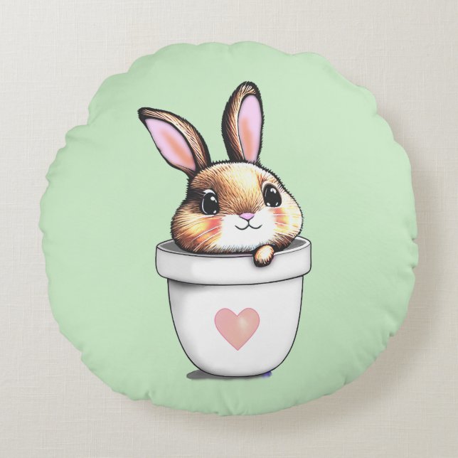 Cute Bunny Plant Pot on Light Lime Green Round Pillow (Front)