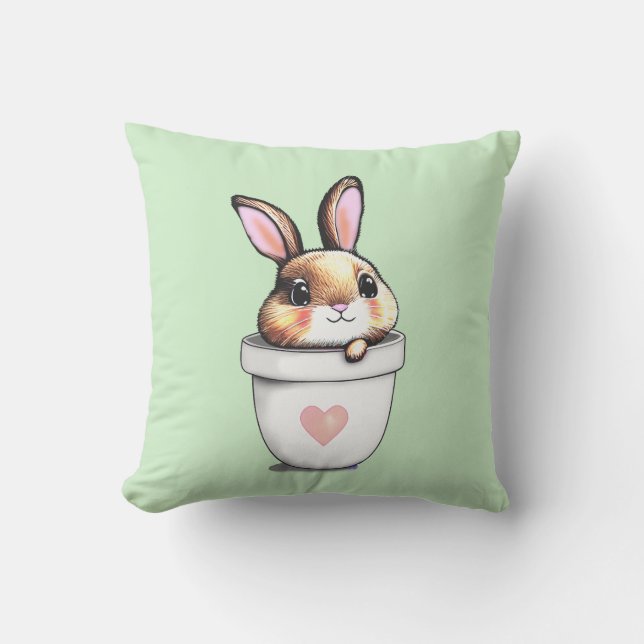 Cute Bunny Plant Pot on Light Lime Green Throw Pillow (Front)