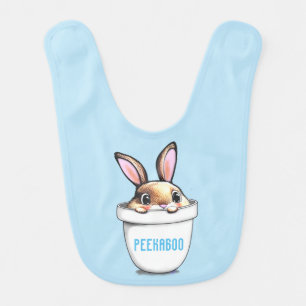 Cute Bunny Plant Pot Peekaboo on Light Blue Baby Bib