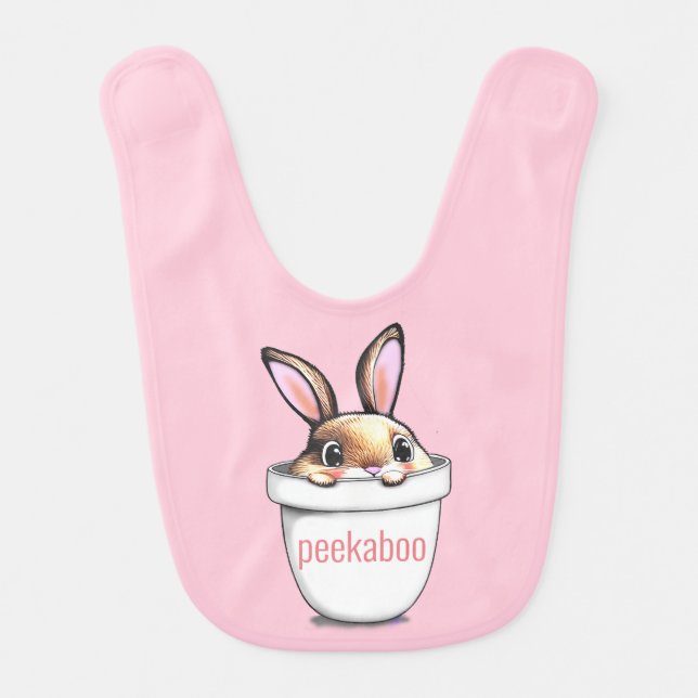 Cute Bunny Plant Pot Peekaboo on Light Pink Baby Bib (Front)