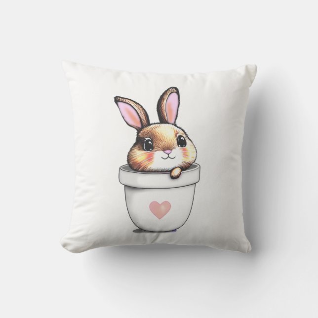 Cute Bunny Plant Pot with Heart on White Throw Pillow (Front)