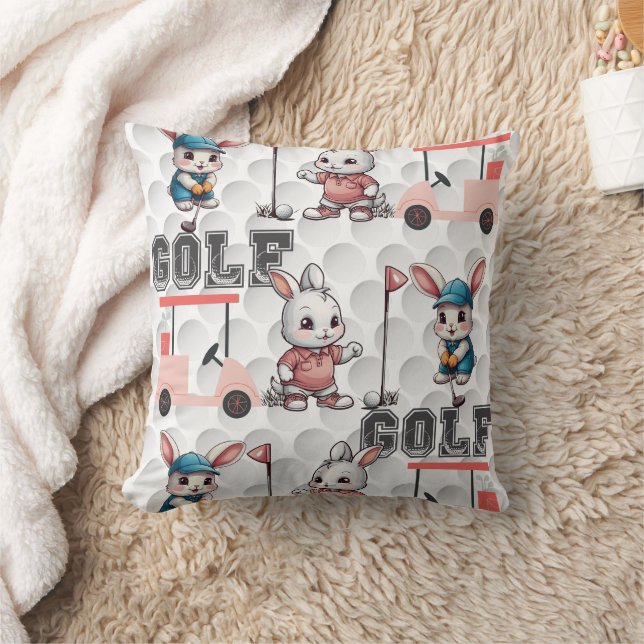 Cute Bunny Playing Golf Print Throw Pillow (Blanket)