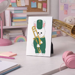 Cute Bunny Playing Trombone Band Green Gold Plaque
