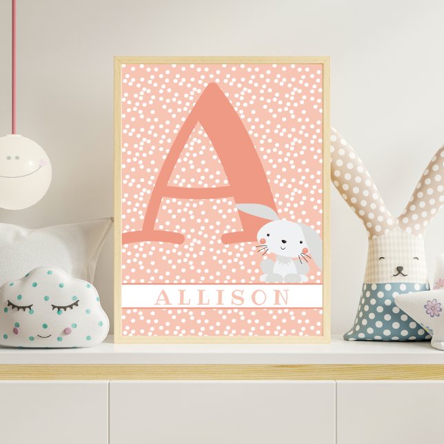 Cute Bunny & Polkadots Personalized Girl Nursery Poster (Creator Uploaded)