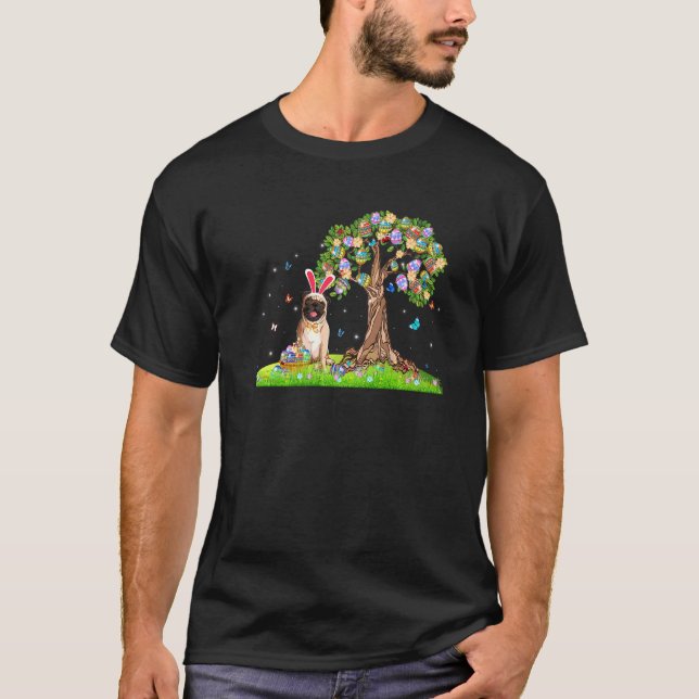 Cute Bunny Pug Dog With Easter Eggs Tree Happy Eas T-Shirt (Front)