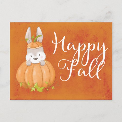 Cute Bunny Pumpkin Happy Fall Greeting Postcard