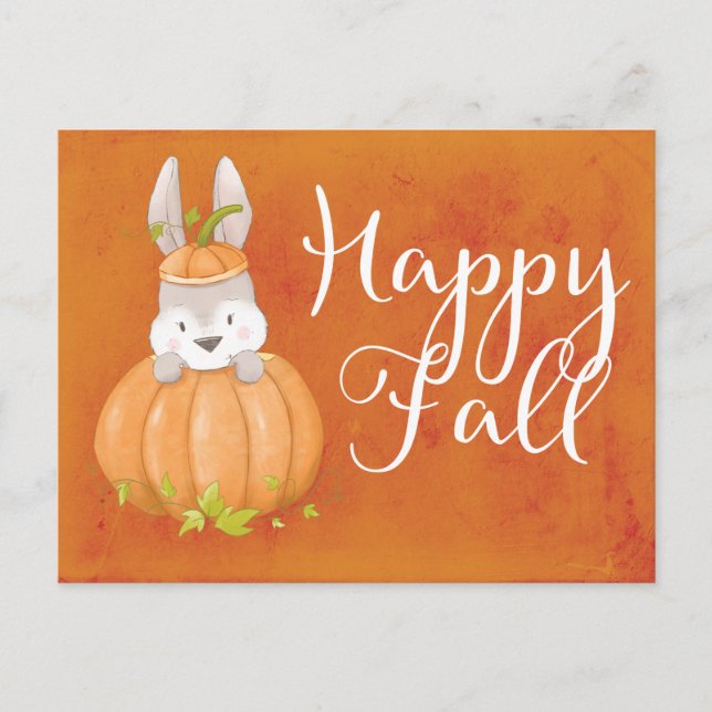 Cute Bunny Pumpkin Happy Fall Greeting Postcard (Front)
