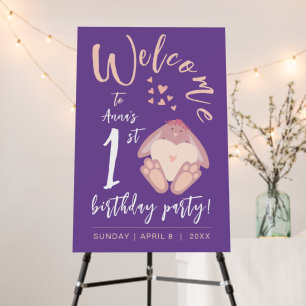 Cute Bunny Purple 1st Birthday Welcome Party Foam Board