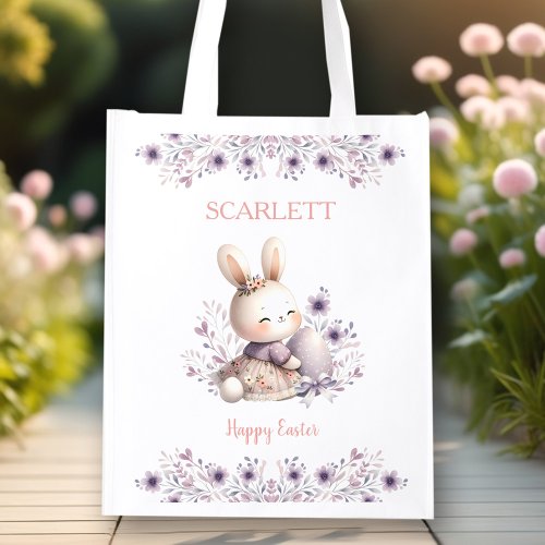 Cute Bunny Purple Floral Girl Name Easter Egg Hunt Grocery Bag