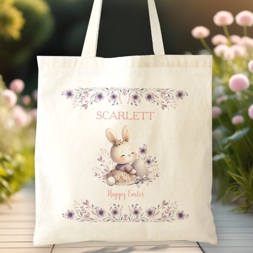 Cute Bunny Purple Floral Girl Name Easter Egg Hunt Tote Bag