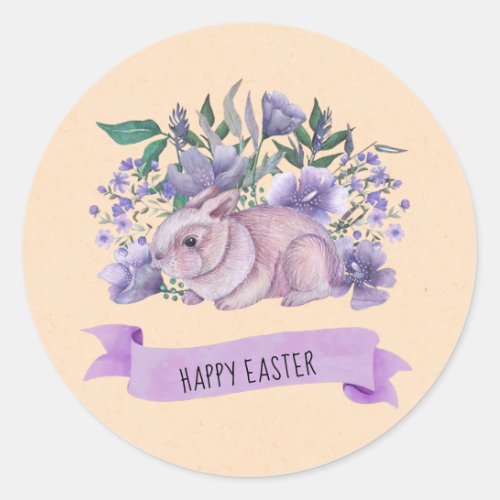 Cute Bunny Purple Florals Happy Easter Napkins Classic Round Sticker