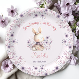 Cute Bunny Purple Spring Floral Girl Baby Shower Paper Plates