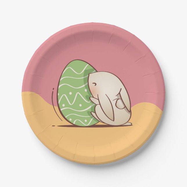 Cute Bunny pushing Green Easter Egg Paper Plates (Front)