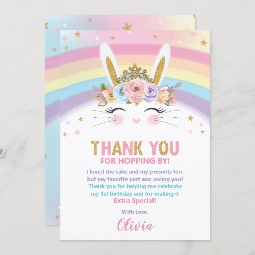 Cute Bunny Rabbit 1st Birthday Girl Thank You Card