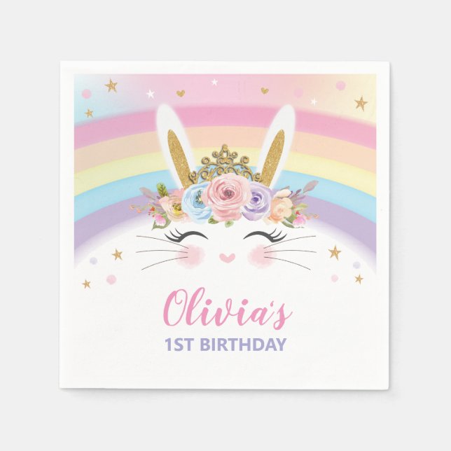 Cute Bunny Rabbit 1st Birthday Party Serviettes Napkins (Front)