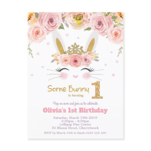 Cute Bunny Rabbit 1st Birthday Pink Floral Invitation Postcard
