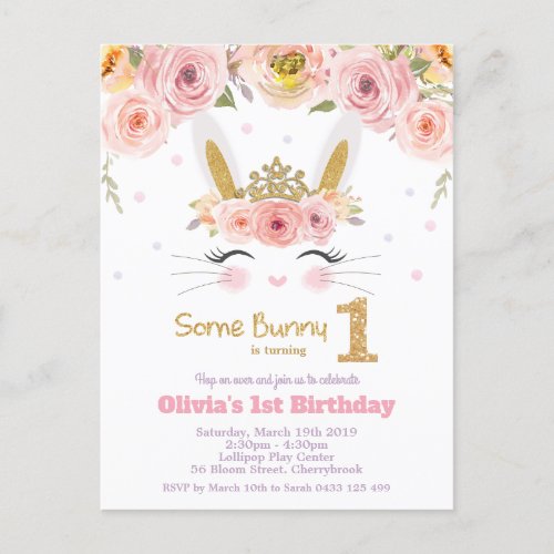 Cute Bunny Rabbit 1st Birthday Pink Floral Invitation Postcard