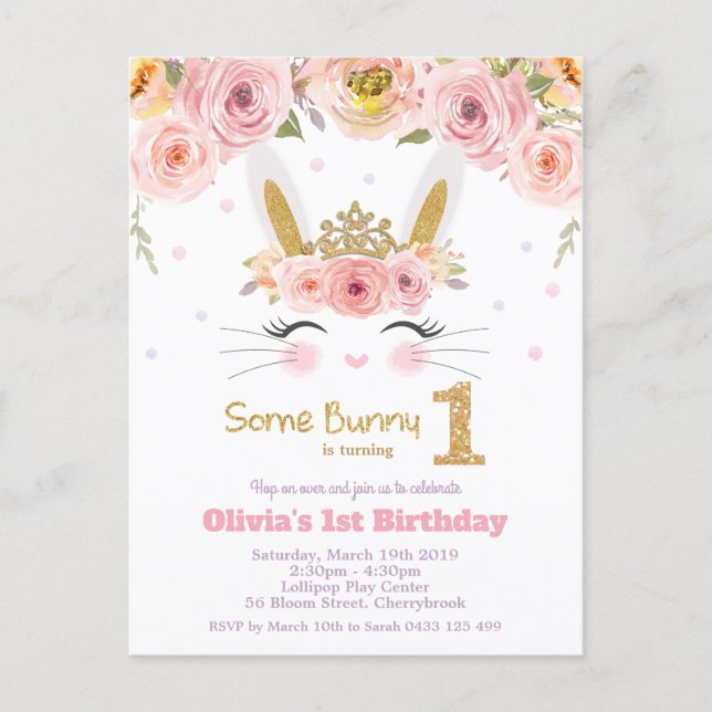 Cute Bunny Rabbit 1st Birthday Pink Floral Invitation Postcard (Front)