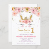 Cute Bunny Rabbit 1st Birthday Pink Floral Invitation Postcard (Front/Back)