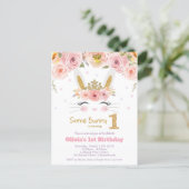 Cute Bunny Rabbit 1st Birthday Pink Floral Invitation Postcard (Standing Front)