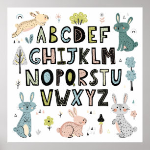Cute Bunny Rabbit ABC Alphabet Letters Educational Poster