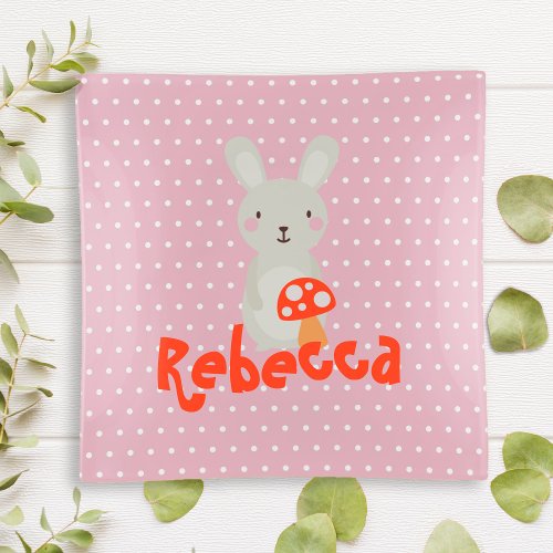 Cute Bunny Rabbit Add Name Pink White Polka Dot Trinket Tray