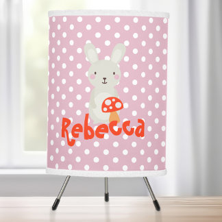 Cute Bunny Rabbit Add Name Pink White Polka Dot Tripod Lamp
