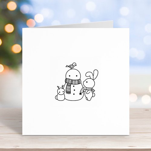 Cute Bunny Rabbit Adding Carrot to a Snowman 1x1 Rubber Stamp