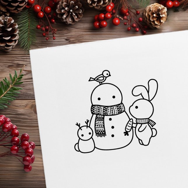 Cute Bunny Rabbit Adding Carrot to a Snowman Rubber Stamp (Creator Uploaded)