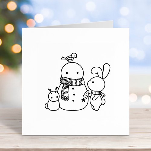 Cute Bunny Rabbit Adding Carrot to a Snowman Rubber Stamp