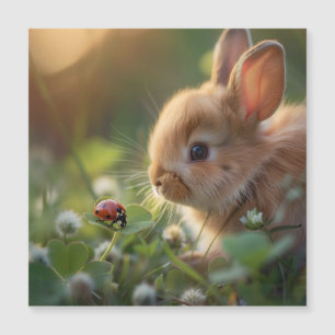 Cute bunny rabbit and a ladybug on the green field