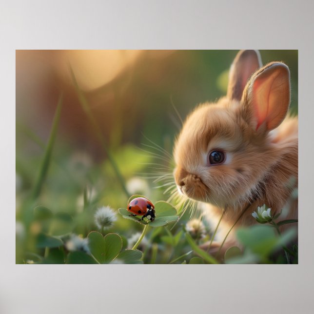 Cute bunny rabbit and a ladybug on the green field poster (Front)