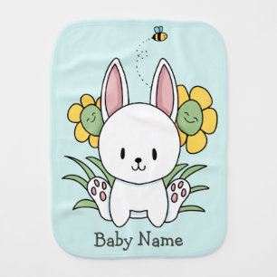 Cute Bunny Rabbit And Funny Flowers Baby Burp Cloth