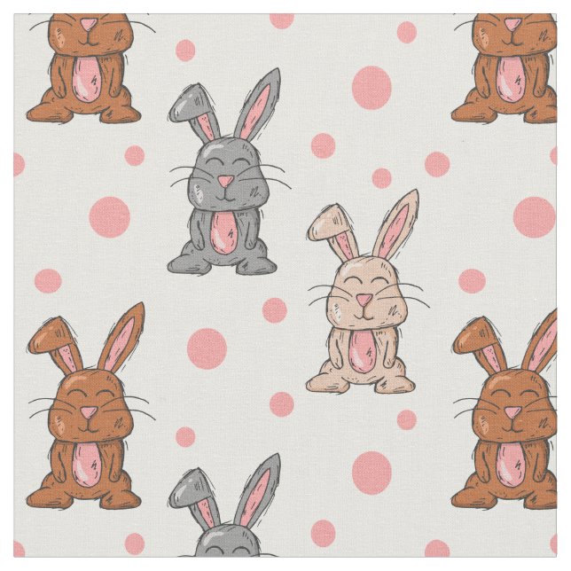 Cute Bunny Rabbit and Pink Dots Fabric by the Yard (Close Up)