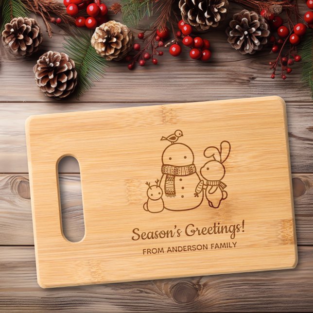 Cute Bunny Rabbit and Snowman Seasons Greetings  Engraved Cutting Board (Creator Uploaded)