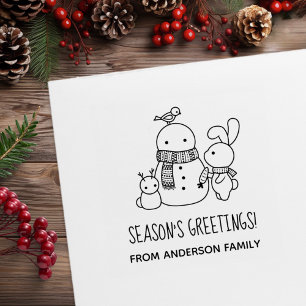 Cute Bunny Rabbit and Snowman Seasons Greetings Rubber Stamp