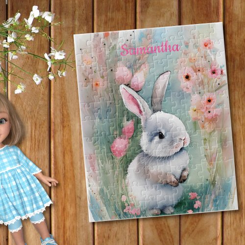 Cute Bunny Rabbit and Watercolor Spring Flowers Jigsaw Puzzle