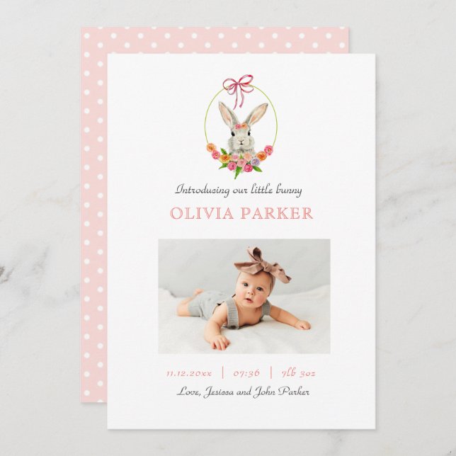 Cute Bunny Rabbit Baby photo Birth Announcement (Front/Back)