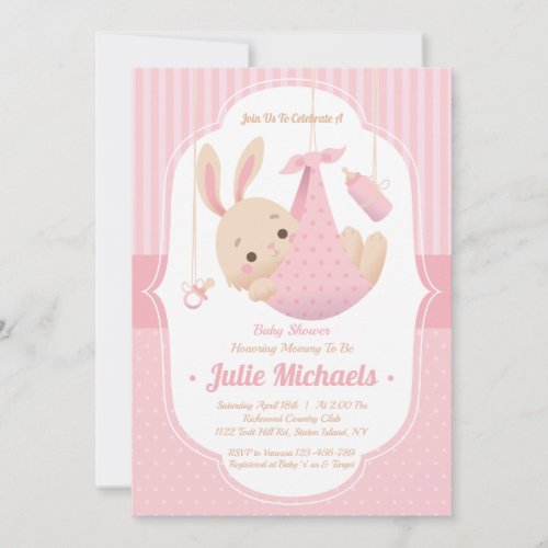 Cute Bunny Rabbit Baby Shower Girl Invitation