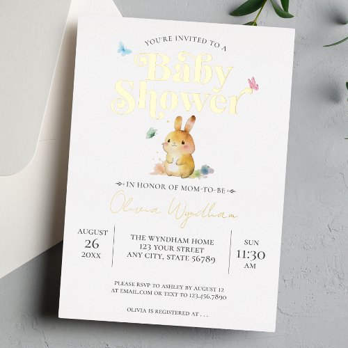 Cute Bunny Rabbit Baby Shower Neutral Foil Invitation