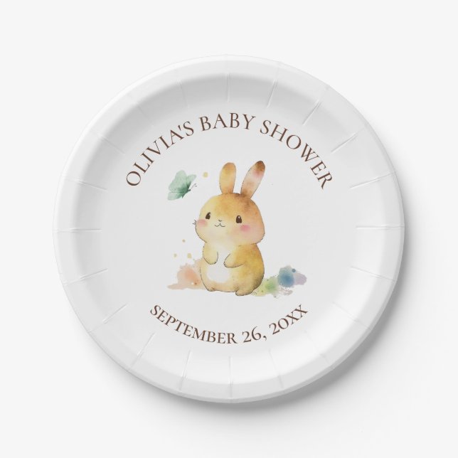 Cute Bunny Rabbit Baby Shower Neutral Personalized Paper Plates (Front)