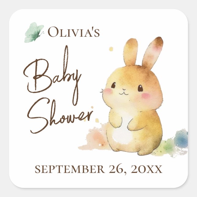 Cute Bunny Rabbit Baby Shower Personalized Square Sticker (Front)