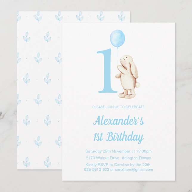 Cute Bunny Rabbit & Balloon Blue 1st Birthday Invitation (Front/Back)
