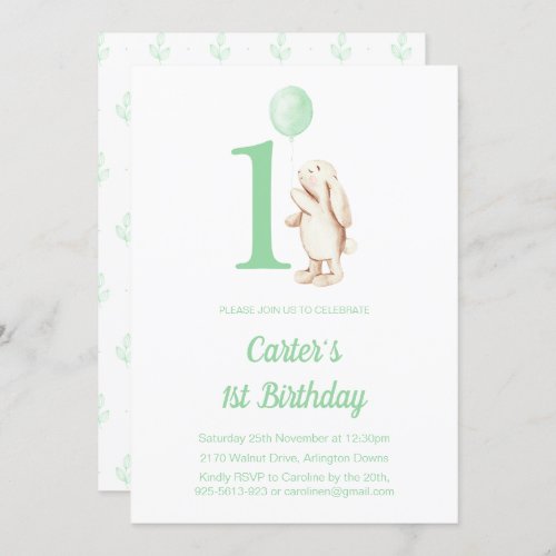 Cute Bunny Rabbit  Balloon Green 1st Birthday Invitation