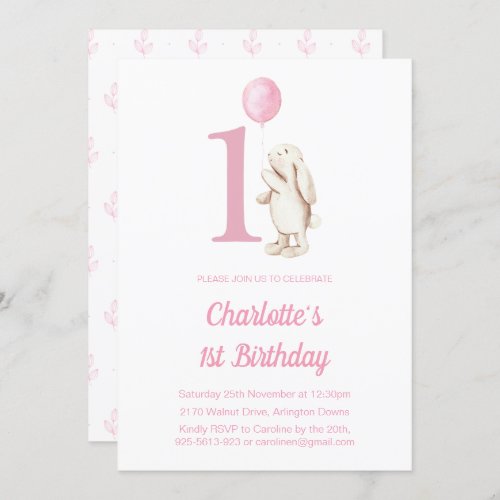 Cute Bunny Rabbit  Balloon Pink 1st Birthday Invitation