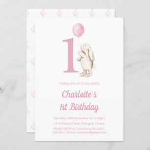 Cute Bunny Rabbit & Balloon Pink 1st Birthday Invitation