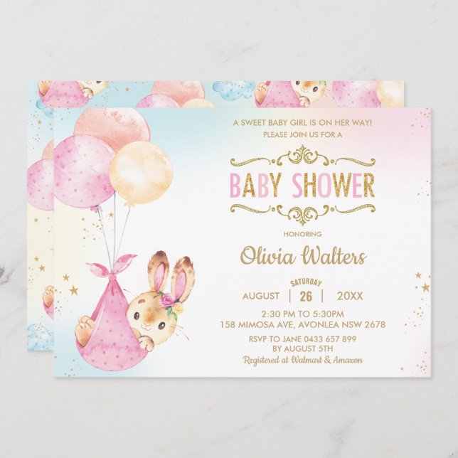 Cute Bunny Rabbit Balloons Baby Shower Girl Invitation (Front/Back)