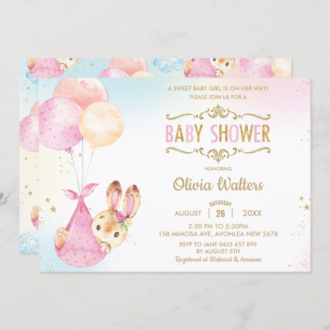Cute Bunny Rabbit Balloons Baby Shower Girl Invitation (Front/Back)